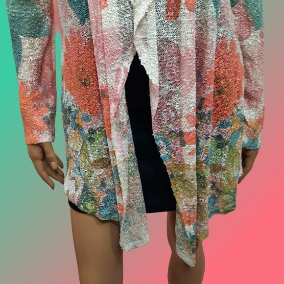 Y2K Sheer Long Textured Knit Cardigan Size M Fairycore Floral Turquoise Coral - Picture 3 of 6